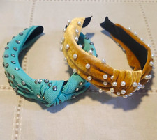 2 Padded Knotted Headbands Turquoise  Gold Beaded Studded Women Hair