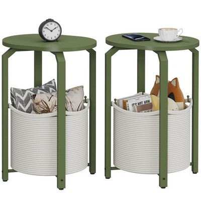 Set of 2 Oval End Tables with Woven Storage Baskets, Olive Green Small Side T...