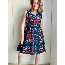 Vintage Handmade Dress Hawaiian hibiscus Print Knee Length Size Small Blue Red