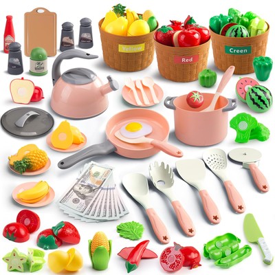 90Pcs Kitchen Playset Accessories, Pretend Cooking with Pots, Pans, Cookware,...