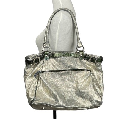Laura Di Maggio Silver Metallic Soft Leather Damask Embossed Leaf Print Purse