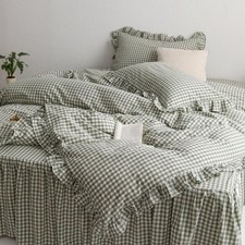 Mkxi Sage Green Gingham Duvet Cover Queen 3-Piece Ruffled Bedding Set - 100