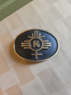 Vintage Brass Native American Symbol K Dyna Belt Buckle Provo Utah 2-3/4 x 1-7/8