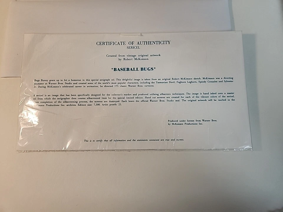 Bugs Bunny 棒球动画 Seri Cel 定制带框-带真品证明 — 第 2/2 张图片