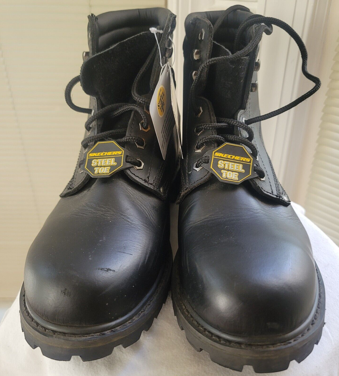 Mens Black Leather Steel Toe Work Boots Skechers 76890 Size 12 NWT New