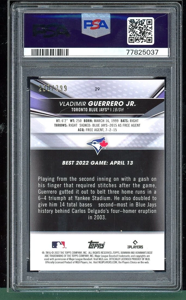 Vladimir Guerrero Jr 2022 Bowman’s Best Mini-Diamond /299 PSA 10 GEM MT - Image 2 of 2