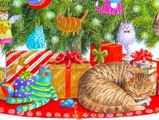 *ONE* Caspari Brown Tabby Cat Under Christmas Tree Card Cat Ornaments 1