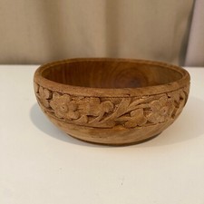 Antique Hand-Carved Wooden Floral Bowl 5 Rustic Decorative Dish
