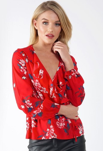 Womens Red Floral Top Blouse Long 