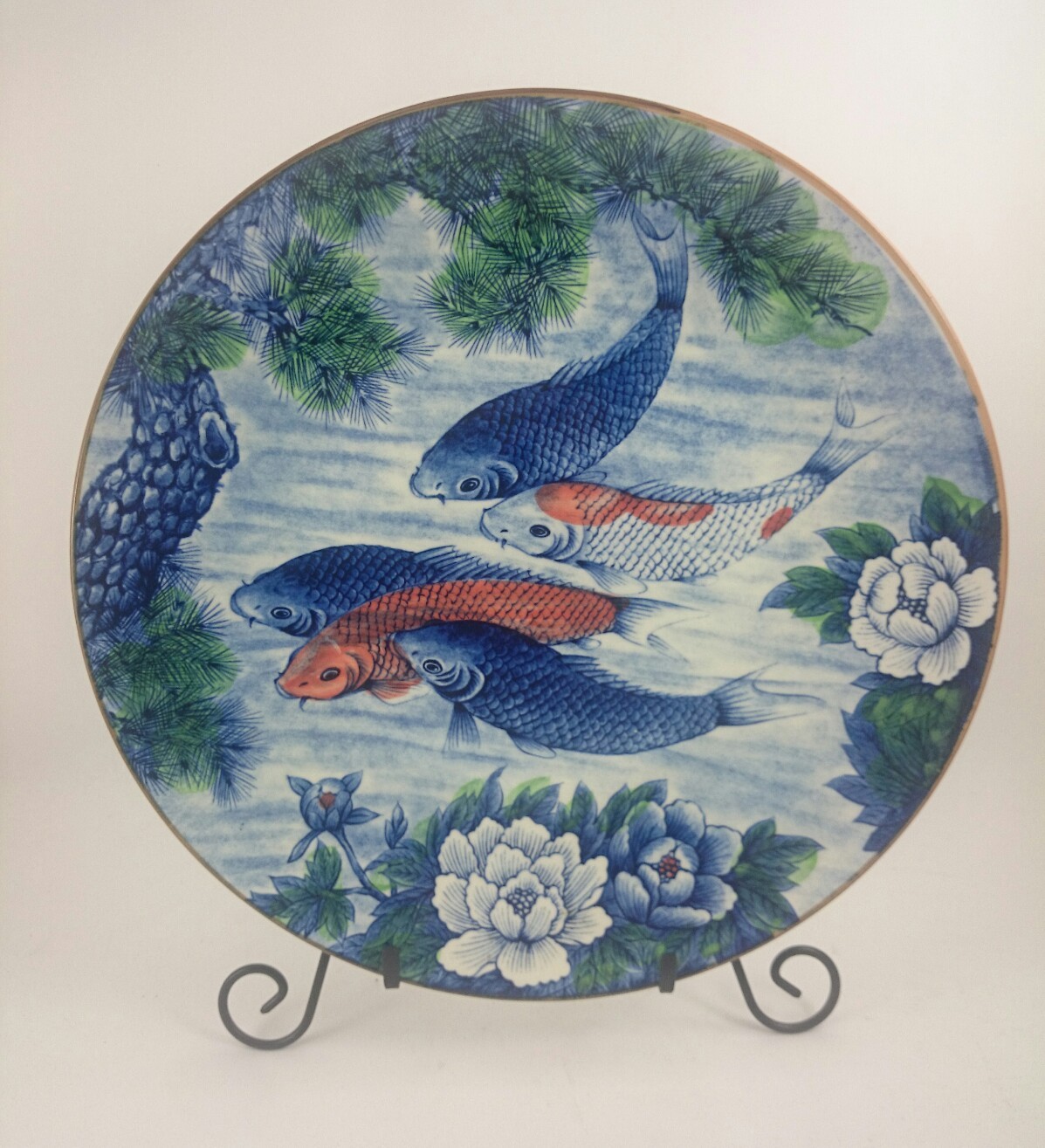 JAPANESE KOI FISH POND PLATE Vintage HandDecorated Painted Floral