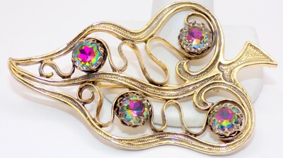 ELSA SCHIAPARELLI Signed Watermelon STONES LEAF Gold Tone PIN / BROOCH