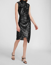 nwt EXPRESS mock neck SEQUIN BLING knot front padded shoulder midi dress xs s L