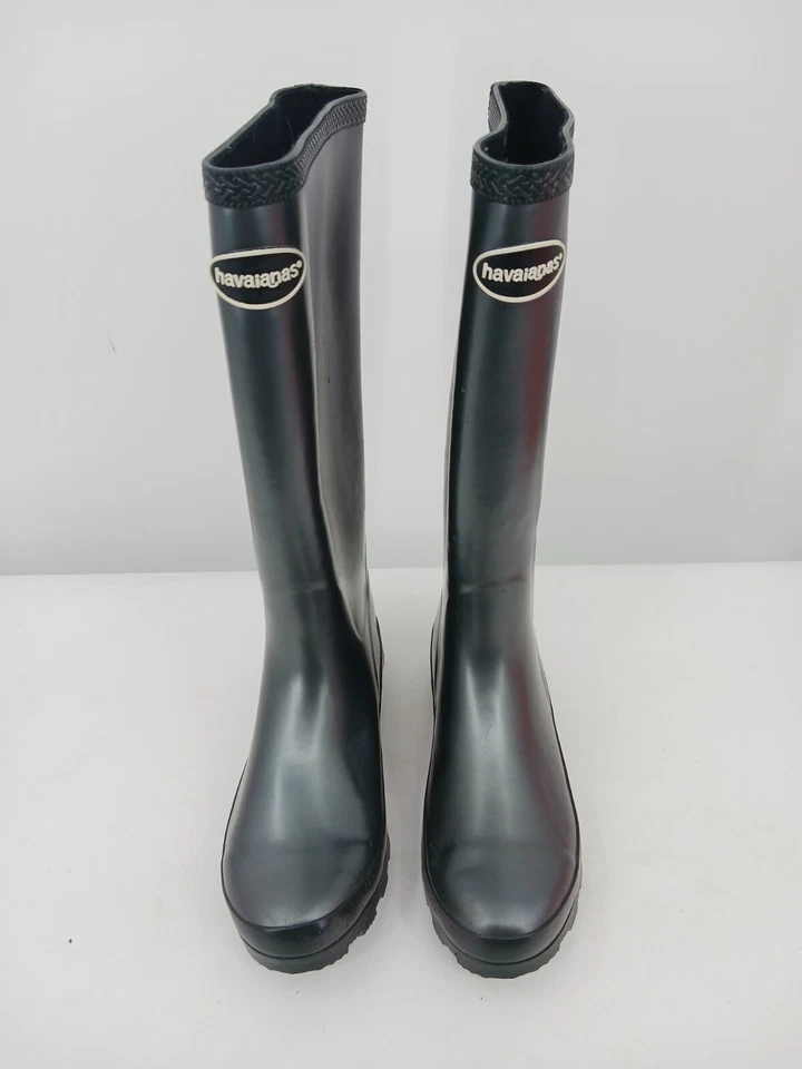 Botas de lluvia Havaianas para mujer 7 negras de goma hasta la rodilla ribete trenzado Foto 4 de 4