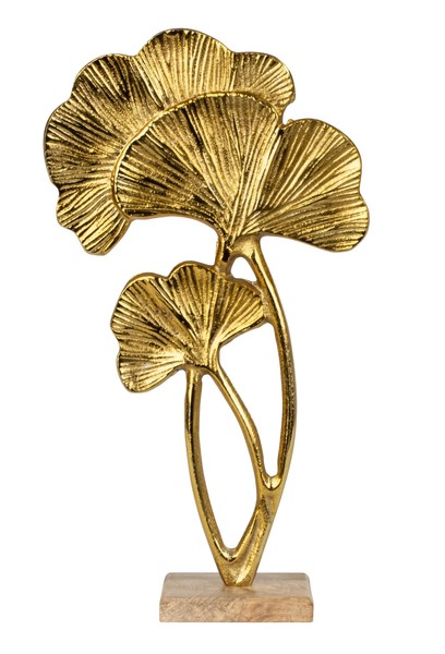 Skulptur Dekofigur TropenbläTter Gold Aus Metall Auf Holzsockel 21X39 Cm-image
