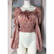Arula Pink Floral Satin Square Neck Smocked Stretch Cropped Boho Blouse Size XL