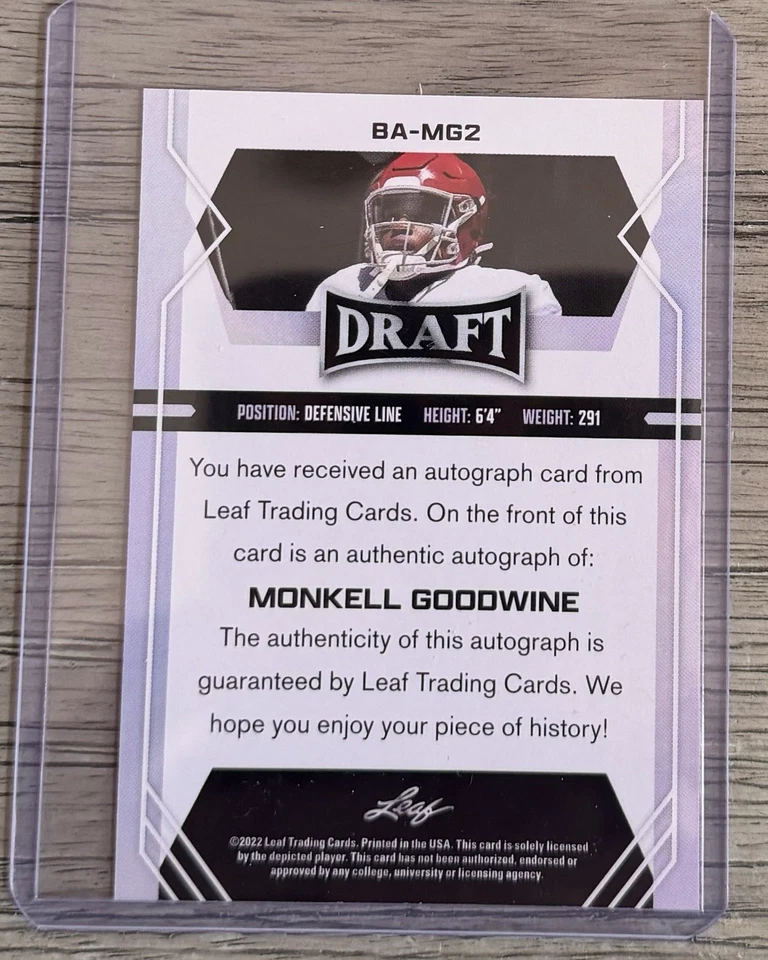 Monkell Goodwine 2022 Leaf Draft Autograph Auto Rookie RC South Carolina D4 - Image 2 of 2