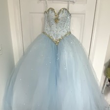 Light Blue Ball Gown Dress with Gold Accents for Formal Quincea era Event