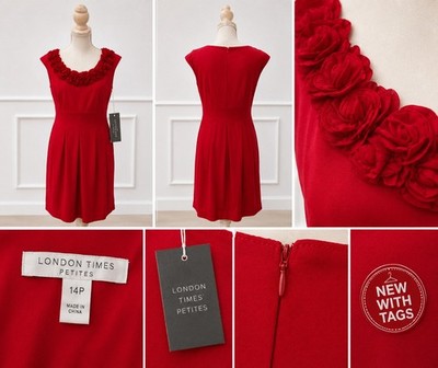 London Times Petites Size 14P Red Embellished Neck Dress