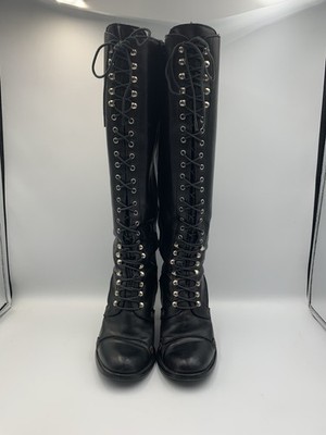 Vintage Charles David Womens Black Leather Lace Up Knee High Boots Italy Sz 6.5