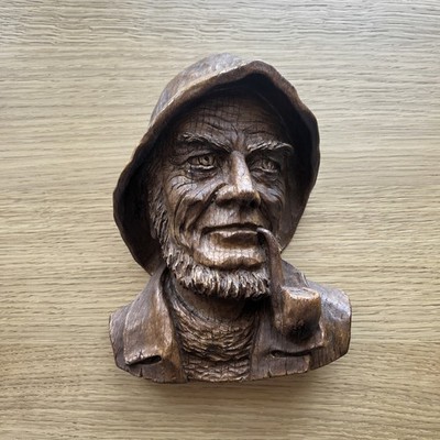 Vintage geschnitzter Holz Baumgeist, handgeschnitztes Holzgesicht Skulptur Fischer 