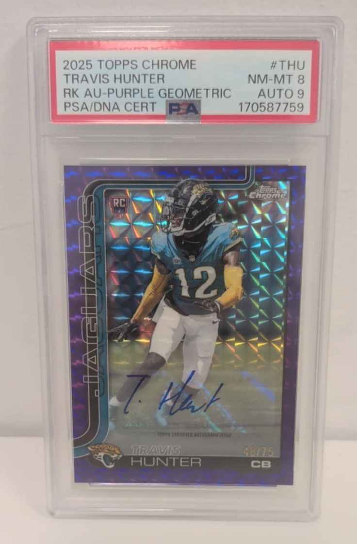 2025 Topps Chrome Travis Hunter RC Auto Purple Geometric /75 RC #RA-THU - PSA 8