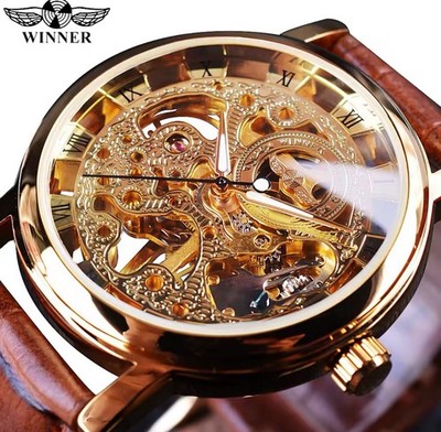 Men s Automatic Transparent Skeleton PU Leather Band Ladies Watch Gift Idea