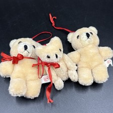 Vintage Set 3 Mini Plush Teddy Bear Ornaments Red Ribbon Christmas Holiday Decor