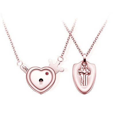 Couple Titanium Steel Love Heart Lock Bangle Bracelet & Key Pendant Necklace Set