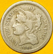 1865 U.S. 3-CENT THREE CENT NICKEL COIN (Great Details!)