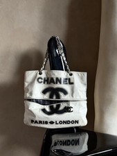 AUTH Chanel Paris London Graffiti Canvas Tote White Shoulder Bag Silver HW