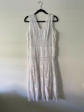 Vintage y2k White 100% Cotton Tiered Lace Boho Peasant Dress Pearl Crochet L