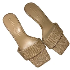 Cult Gaia Raffia Woven Heeled Mules Sandals 39 Beige Resort Vacation Boho Chic