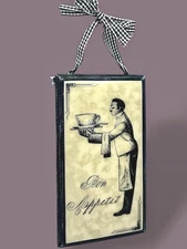 Vtg BON APPETIT Hanging Wall Sign Plaque Door Knob Ribbon French Gourmet Dining