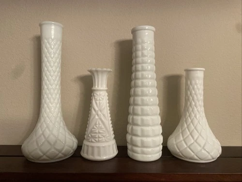Assortment Of Vintage Milk Glass Vases Including EO Brody Co, Set Of 4