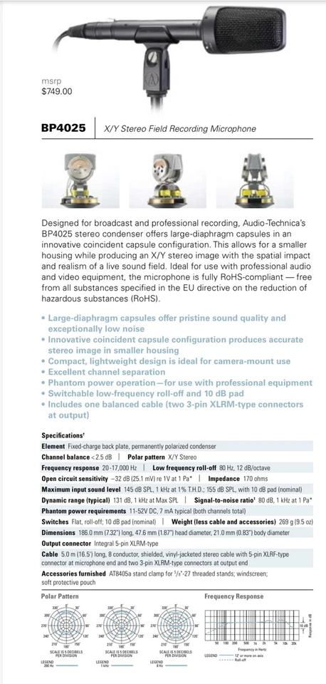 AUDIO TECHNICA BP4025 - Kondensator-Stereomikrofon X/Y , Phantom, 2x 3-pol-XLRm - Bild 2 von 2