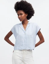 Madewell Boxy Cap-Sleeve Shirt in 100% Linen Size Medium Powder Blue Stripe