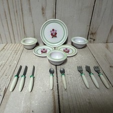 Tyco Kitchen Littles Set Plate and Flatware Green Flowers Bowls
