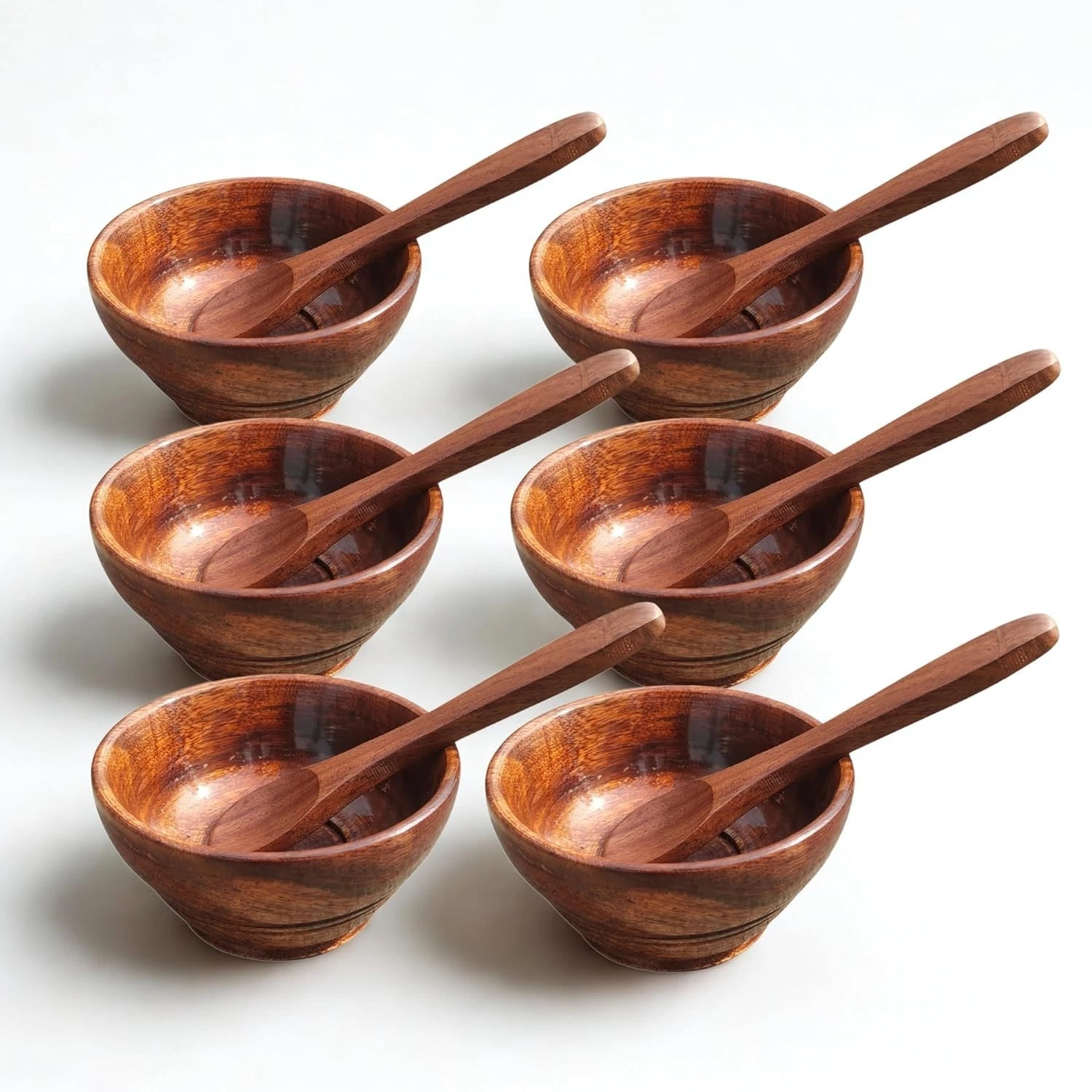 Wooden Serving Bowl with Wooden Small Spoon Set of 6 (Brown)