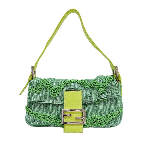 FENDI Baguette Wavy Rock Green Beaded Shoulder Bag