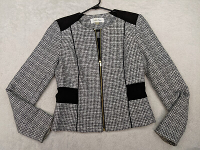 Calvin Klein Womens 2 Stretch Black White Tweed Full Zip Jacket Split