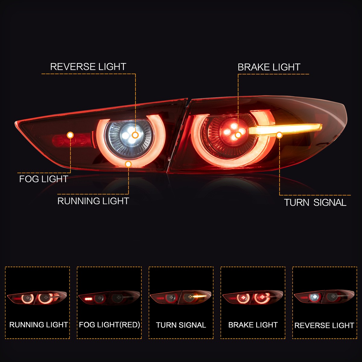 VLAND Full LED Tail Lights Red For Mazda 3 Axela Sedan 2019-2021