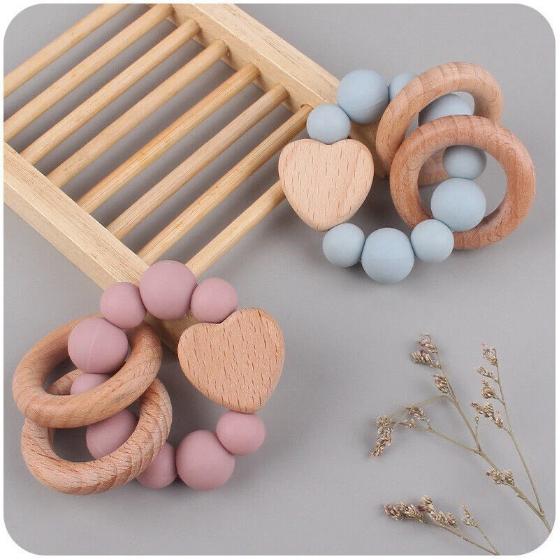 Bracelets Rattles Wooden Teether Teething Baby Shower Gifts Silicone Toys - Image 2 of 4