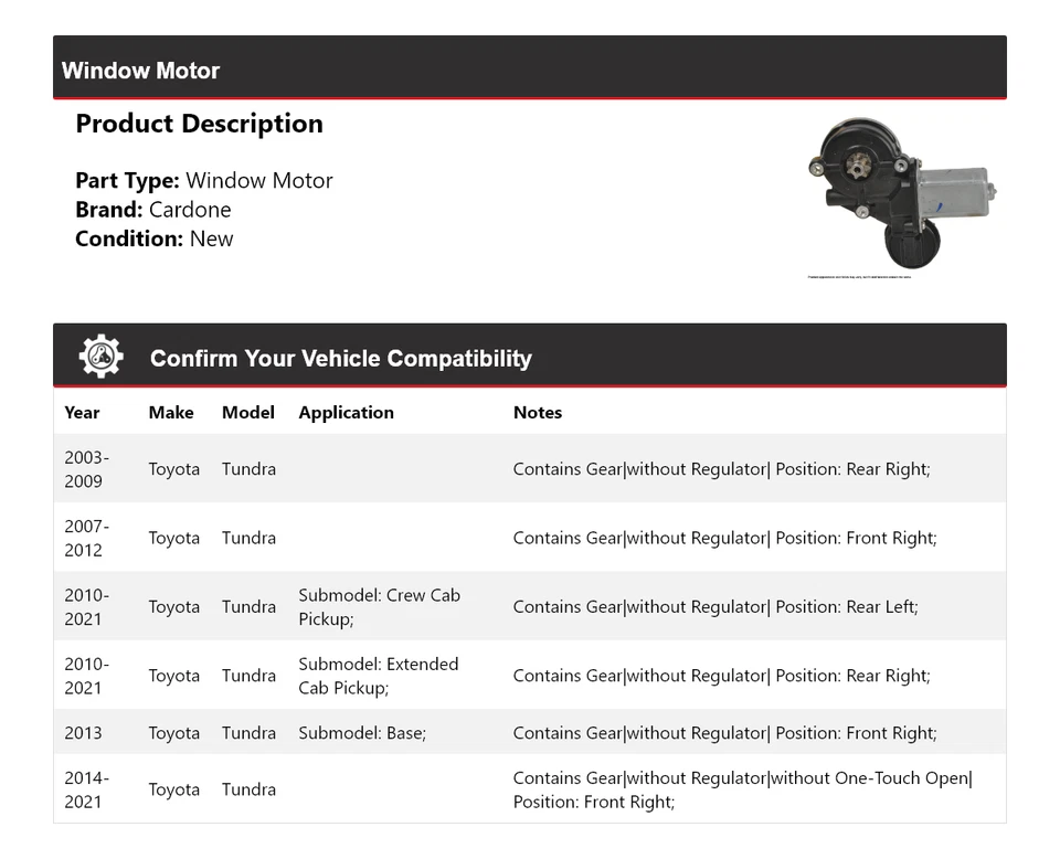 Para Toyota Tundra 2003-2021 Ventana Motor Cardone 2004 2005 2006 2007 2008 2009 Foto 2 de 4