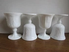 Vtg  White Milk Glass w/ Round Padestal Base 5-1/4" Tall Goblets w/ Grape Design