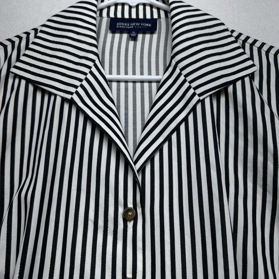 Jones New York Mujer Negro Blanco Rayas Popelín Manga Larga Abotonada Talla 1X Foto 4 de 4