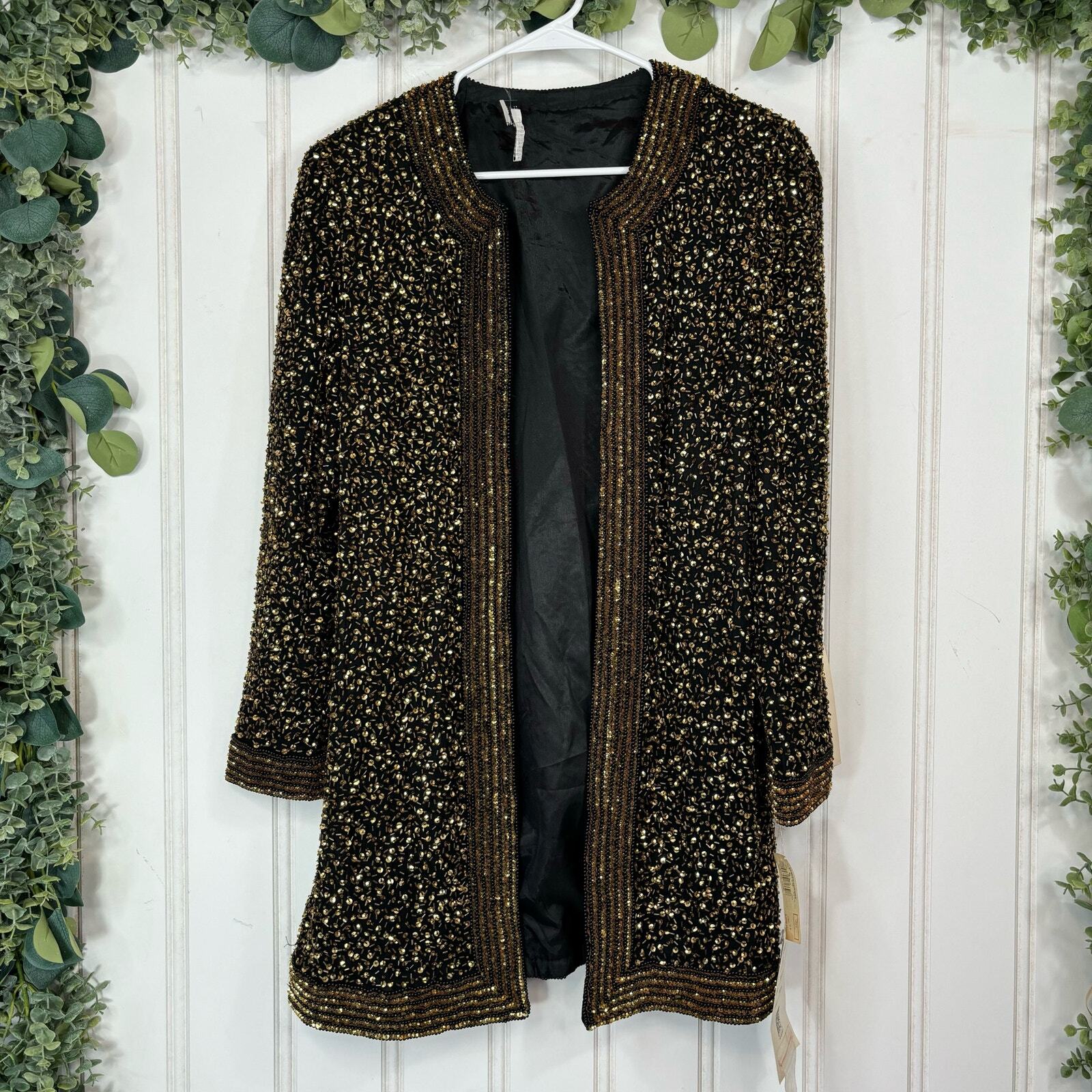 NWT Vintage Niteline by Della Roufogali Black & Gold Silk Sequin Evening Jacket