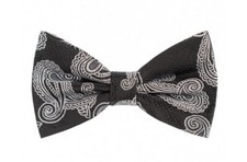 Men microfiber Pre-tied Bow Tie  hankie set paisley pattern black silver formal