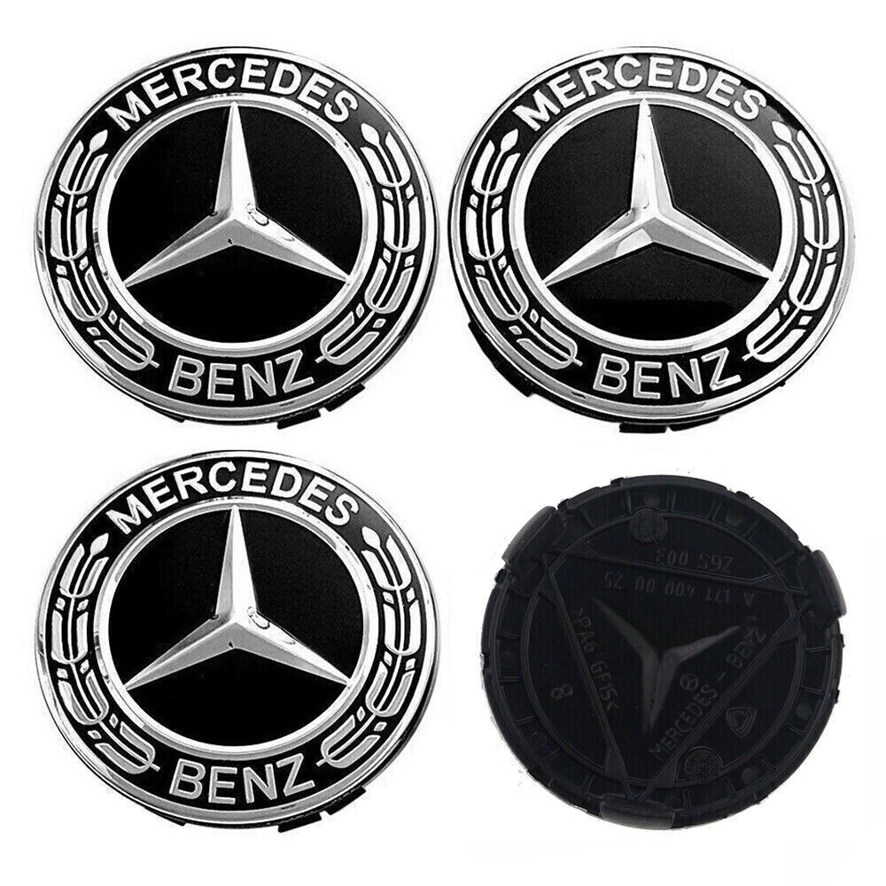 4X Hub Cover 75mm New Black For Mercedes Logo Emblem Rim Wheel Center