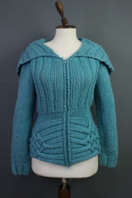 SAVE THE QUEEN Blue Knit Full Zip Cable Knit Wool Alpaca Cardigan Sweater Sz XL