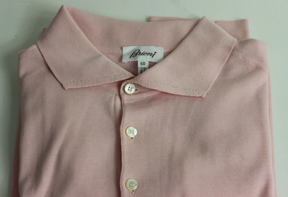 NEW Brioni Knit Polo Shirt Long Sleeve Cotton Pale Pink Collared 50 L Foto 4 de 4